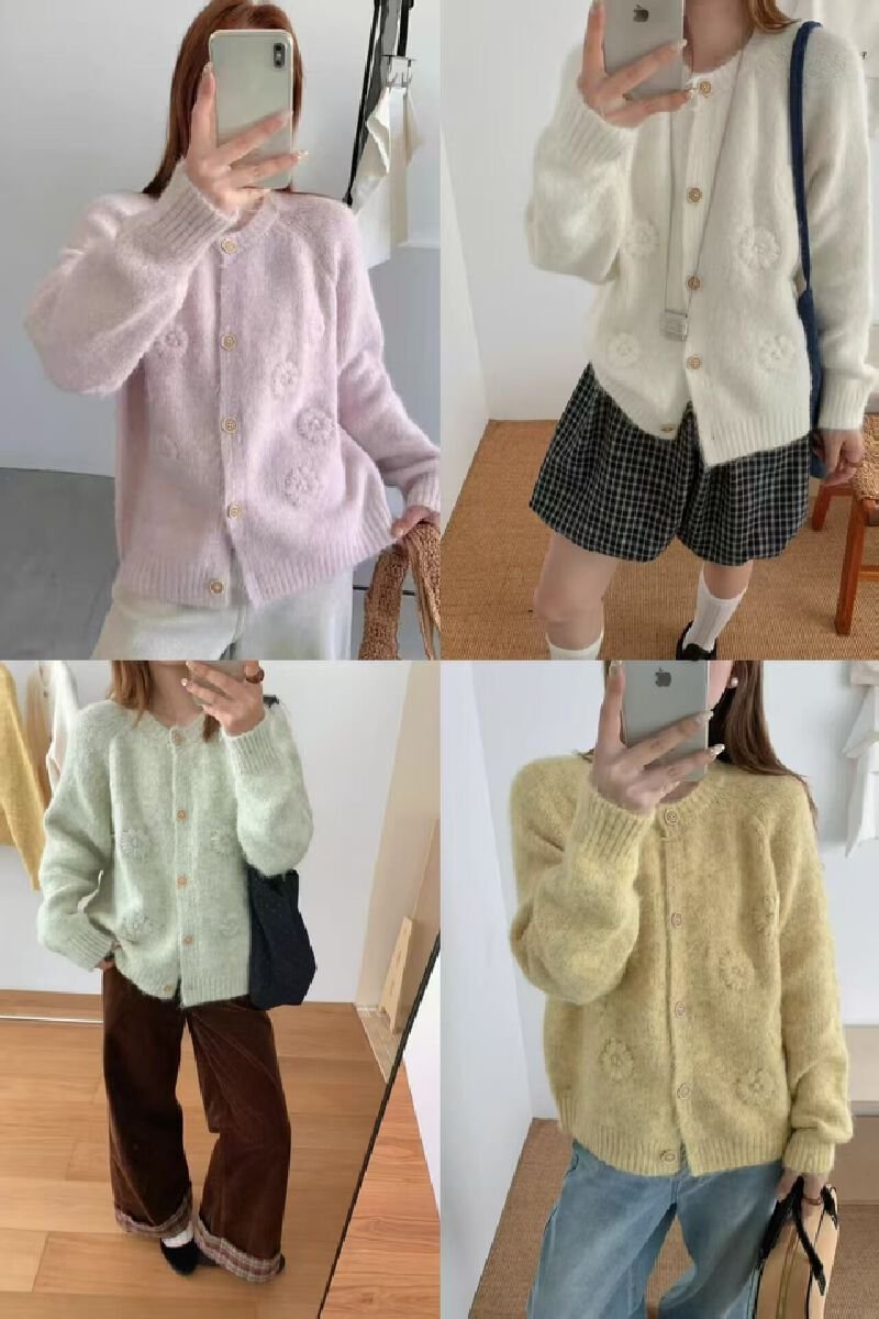 Vapetix Free Size-Free Size Woman's Soft Alpaca Wool Cardigan with Eight 3D Flower Wood Buttons, Gentle Style, Versatile Top – Bild 5