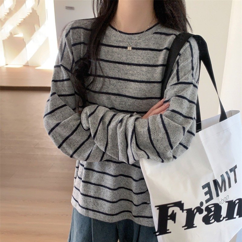 Vapetix S-XL Real shot Real price Striped long-sleeved T-shirt with women's lazy style loose thickened base shir – Bild 7