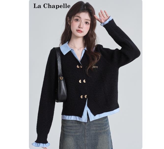 Vapetix Free Size-Free Size Women's Spring 2025 New College Style Splicing Knit Cardigan Outerwear Short-Sleeve Top with Pique – Bild 5