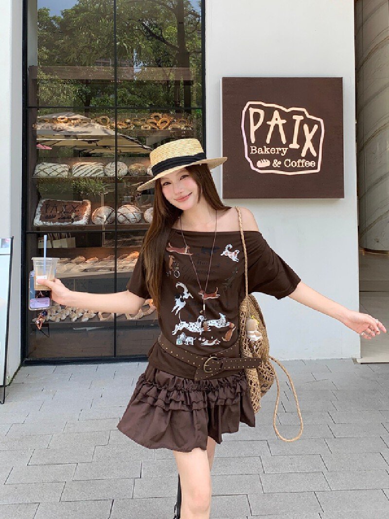 Vapetix S-L Photographed Maillard-style small dog print pleated short-sleeved T-shirt with chiffon layered flor – Bild 6