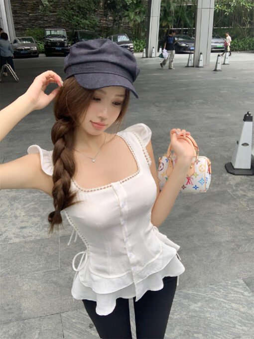 Vapetix S-L  Real shot ~ small flared sleeve tie-waist ruffled shirt top + high-waisted slimming hip-enhancing y – Bild 6
