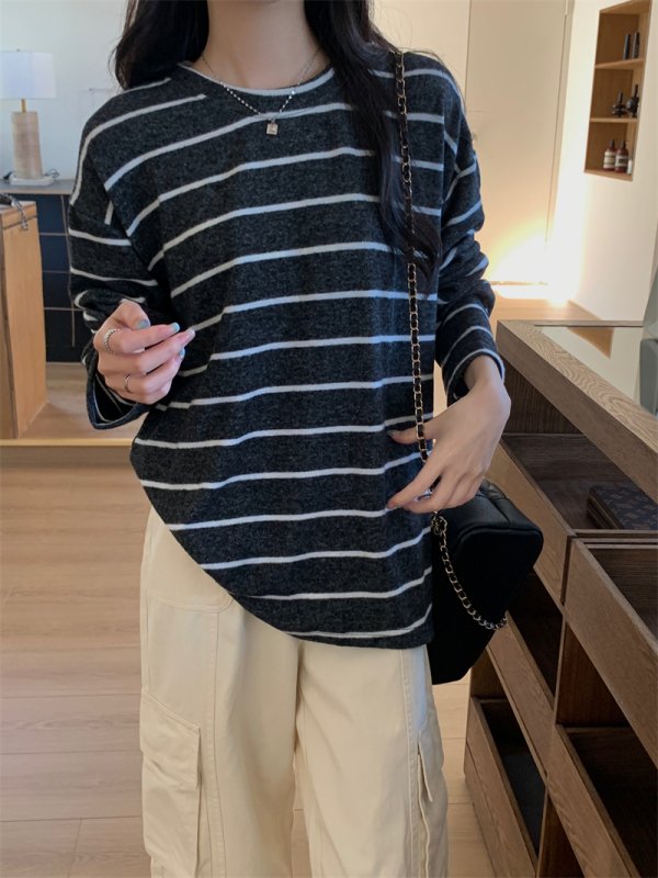 Vapetix S-XL Real shot Real price Striped long-sleeved T-shirt with women's lazy style loose thickened base shir – Bild 8