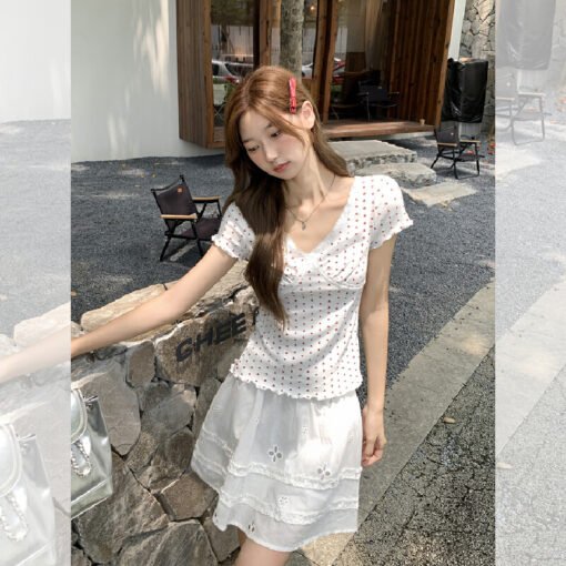 Vapetix S-L  Real-shot Korean-style sweet and spicy outfit with lace-trimmed polka dot short-sleeved T-shirt for – Bild 8