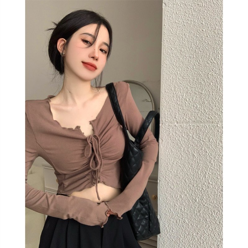 Vapetix One size fits all-One size fits all Actual shot ~ Irregular T-shirt for women, V-neck slim fit, autumn short, tight-fitting drawstring – Bild 6