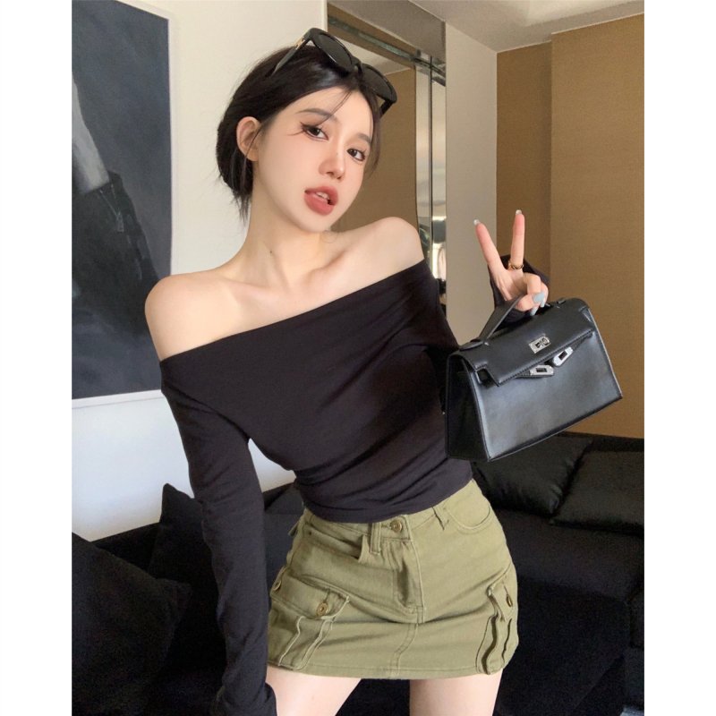 Vapetix One size fits all-One size fits all Actual shot ~ one-line collar, off-shoulder inner bottoming shirt, autumn new long-sleeved tight-fi - 图片 4