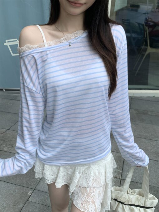 Vapetix S-XL  Photographed Real Off-the-Shoulder Striped T-Shirt for Women Summer Korean Style Lazy Wind Loose Sl – Bild 8
