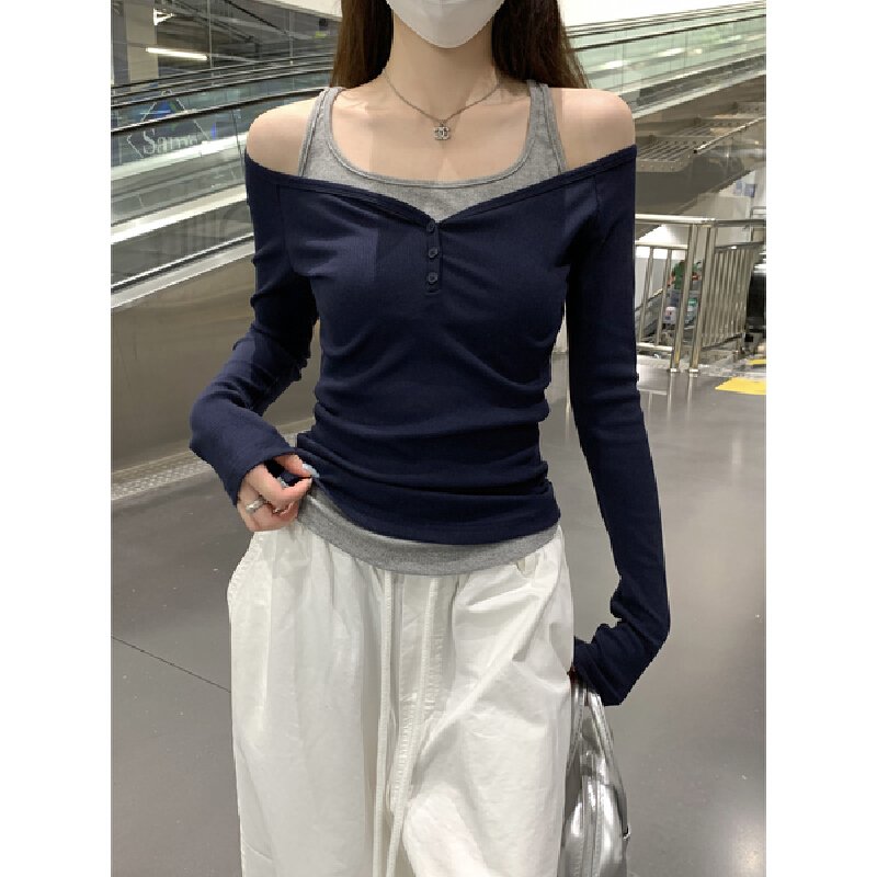 Vapetix S-XL Real-shot Autumn Korean-style Color-Block Slim-Fit Elegant Off-Shoulder Mock-Two-Piece Design Long- – Bild 5