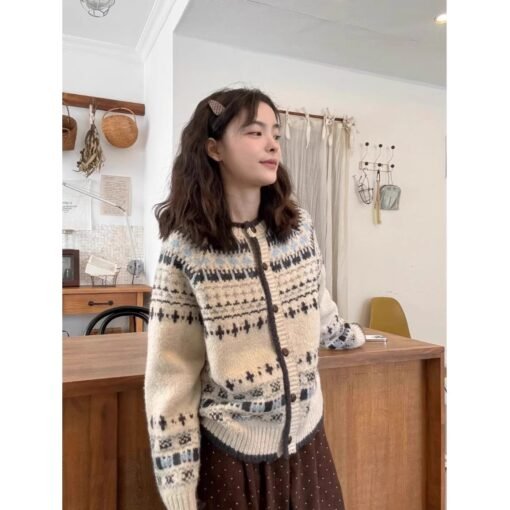 Vapetix Free Size-Free Size  Vintage Jacquard Crew Neck Knitted Cardigan Women's Autumn/Winter Thickened Single-Breasted Loose F – Bild 9