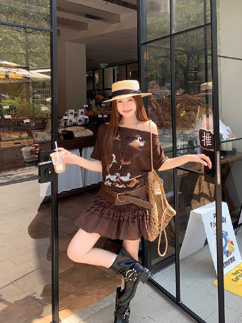 Vapetix S-L Photographed Maillard-style small dog print pleated short-sleeved T-shirt with chiffon layered flor – Bild 7