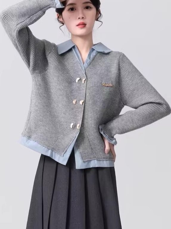 Vapetix Free Size-Free Size Women's Spring 2025 New College Style Splicing Knit Cardigan Outerwear Short-Sleeve Top with Pique – Bild 6