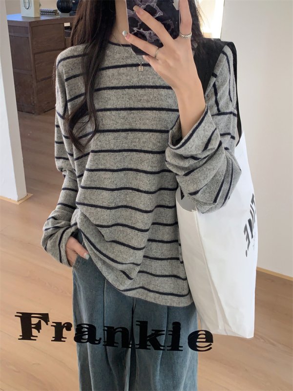 Vapetix S-XL Real shot Real price Striped long-sleeved T-shirt with women's lazy style loose thickened base shir – Bild 9