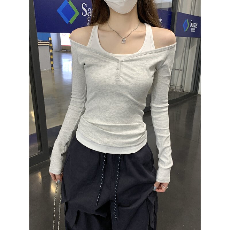 Vapetix S-XL Real-shot Autumn Korean-style Color-Block Slim-Fit Elegant Off-Shoulder Mock-Two-Piece Design Long- – Bild 6