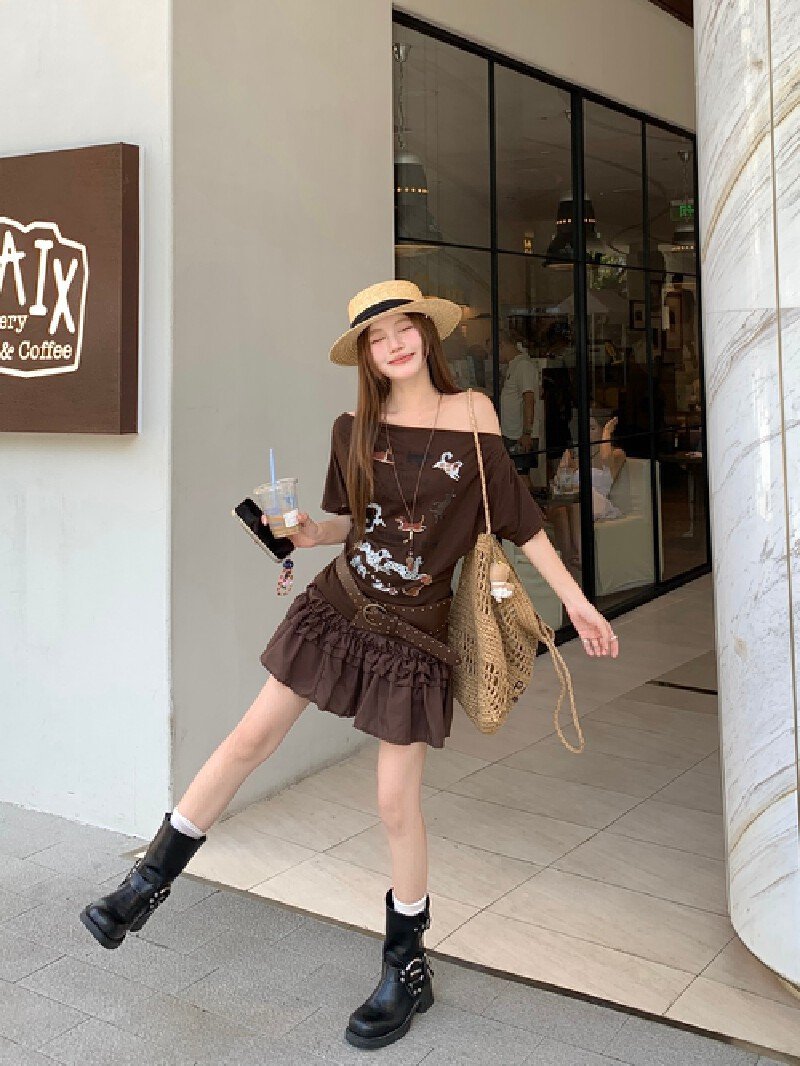 Vapetix S-L Photographed Maillard-style small dog print pleated short-sleeved T-shirt with chiffon layered flor – Bild 8