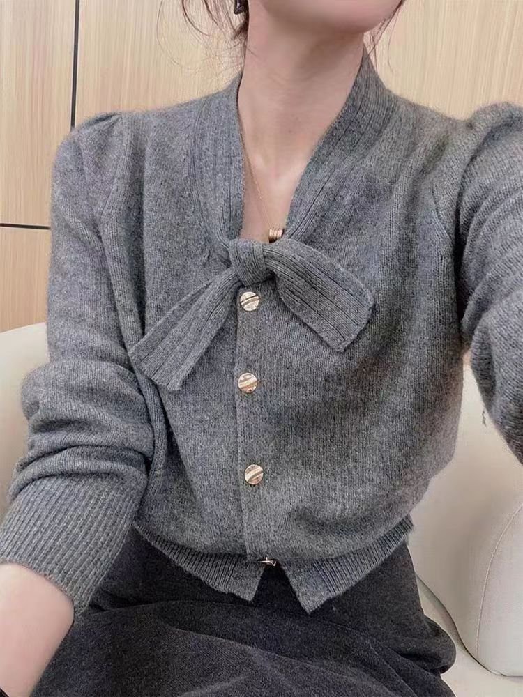 Vapetix Free Size-Free Size Women's Spring and Autumn 2025 New Lazy Style Grey Bow Knit Cardigan Short-sleeved Atmospheric Top – Bild 7