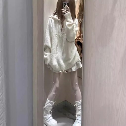 Vapetix Free Size-Free Size  American Retro Off-White Hooded Knit Sweater for Women - New Arrival Fall/Winter Small Figure Loose – Bild 9