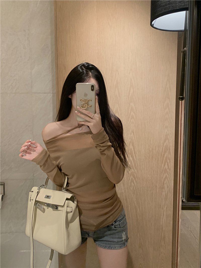 Vapetix S-M Real shot~Pure Desire Slim Hot Girl One Shoulder Long Sleeve Blouse T-shirt Top Tube Bra and Two-pi - 图片 5