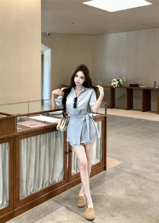 Vapetix S-M  Real shot ~ Designer style, elegant, lapel, strap, cinched waist blouse dress, commuting high-waist – Bild 9
