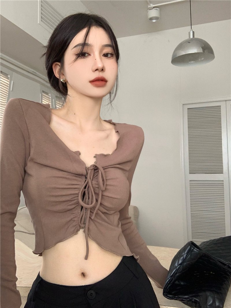 Vapetix One size fits all-One size fits all Actual shot ~ Irregular T-shirt for women, V-neck slim fit, autumn short, tight-fitting drawstring – Bild 7