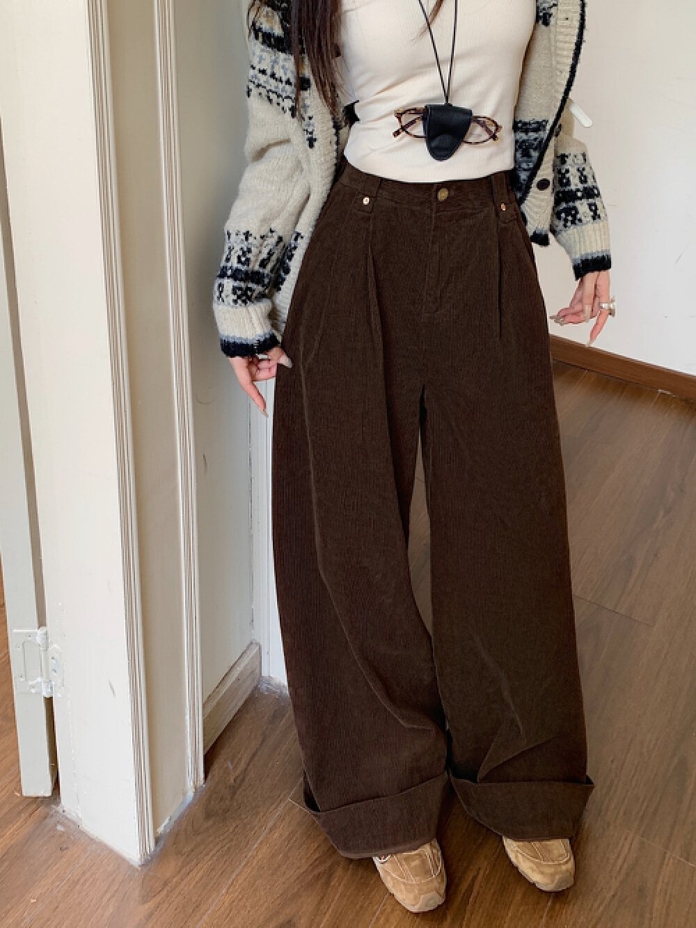 Vapetix S-L Actual shot corduroy loose retro high-waisted straight-leg casual pants solid color versatile women – Bild 7