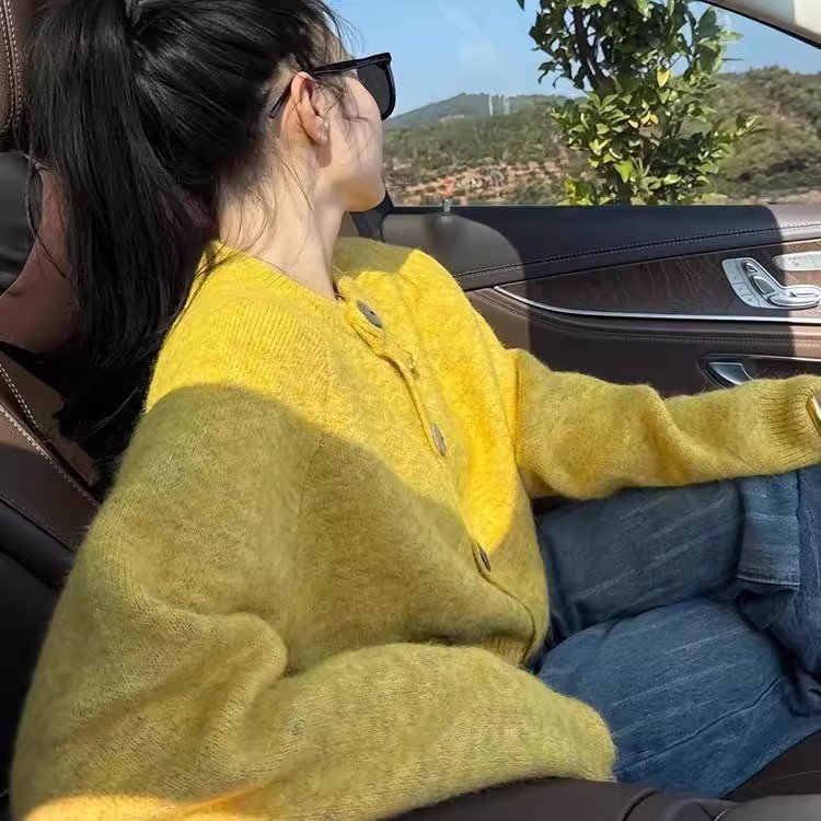 Vapetix Free Size-Free Size French retro yellow raccoon fur cardigan sweater coat women's loose lazy style outerwear knitted to – Bild 8