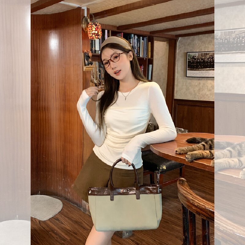 Vapetix S-L Women's Autumn New Square Collar Long Sleeve T-Shirt with Pouch and Slimming Design - 图片 6