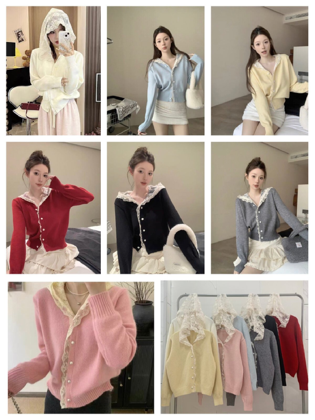 Vapetix Free Size-Free Size Korean-style lace patchwork button hooded cardigan women's spring and autumn lazy loose soft yarn t – Bild 8