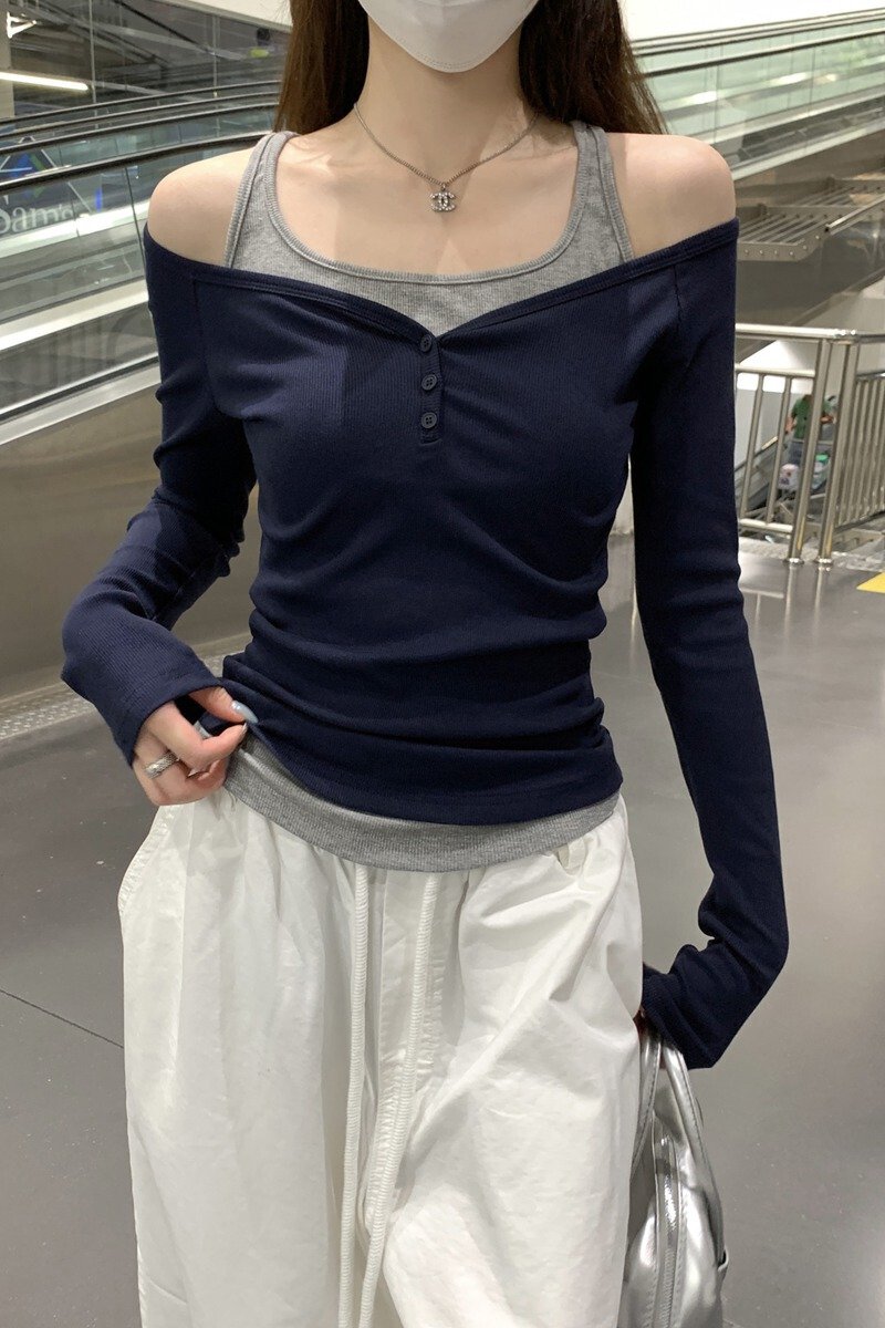 Vapetix S-XL Real-shot Autumn Korean-style Color-Block Slim-Fit Elegant Off-Shoulder Mock-Two-Piece Design Long- – Bild 7