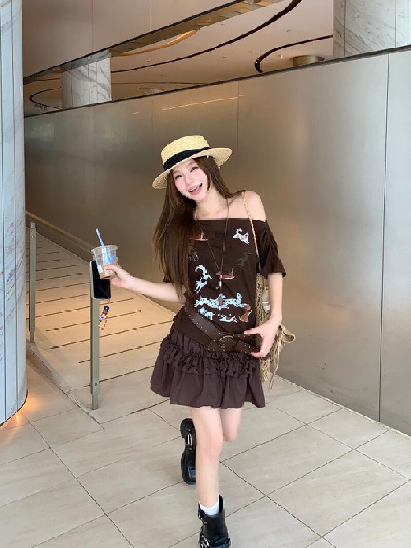 Vapetix S-L Photographed Maillard-style small dog print pleated short-sleeved T-shirt with chiffon layered flor – Bild 9