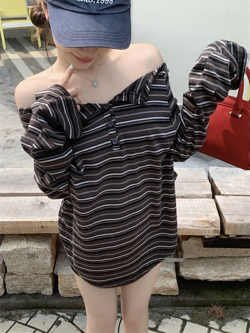 Vapetix S-XL Authentic tie-up striped off-shoulder long sleeve slimming loose-fitting T-shirt with a stylish one – Bild 6