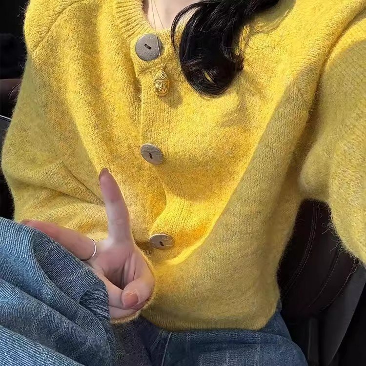 Vapetix Free Size-Free Size French retro yellow raccoon fur cardigan sweater coat women's loose lazy style outerwear knitted to – Bild 9