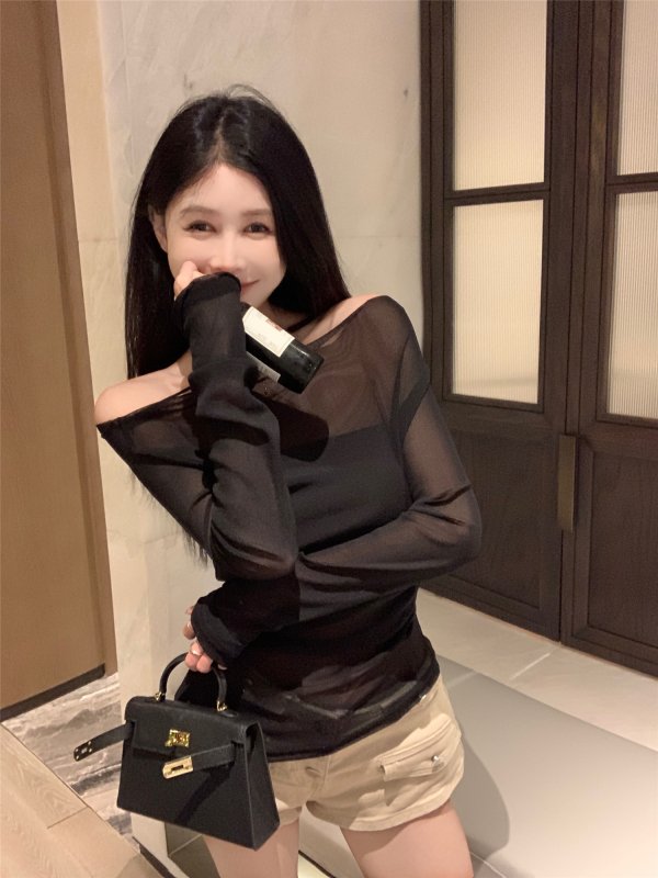 Vapetix S-M Real shot~Pure Desire Slim Hot Girl One Shoulder Long Sleeve Blouse T-shirt Top Tube Bra and Two-pi - 图片 7