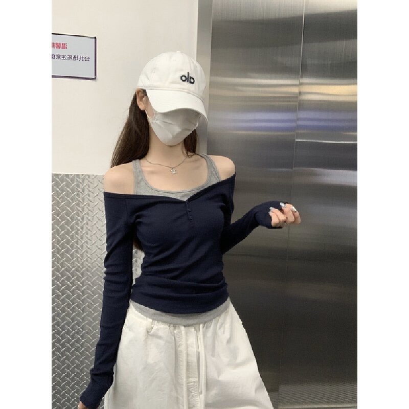 Vapetix S-XL Real-shot Autumn Korean-style Color-Block Slim-Fit Elegant Off-Shoulder Mock-Two-Piece Design Long- – Bild 8