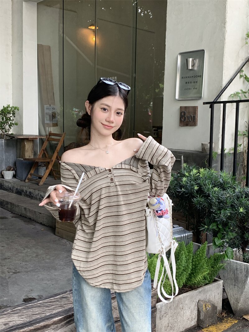 Vapetix S-XL Authentic tie-up striped off-shoulder long sleeve slimming loose-fitting T-shirt with a stylish one – Bild 7