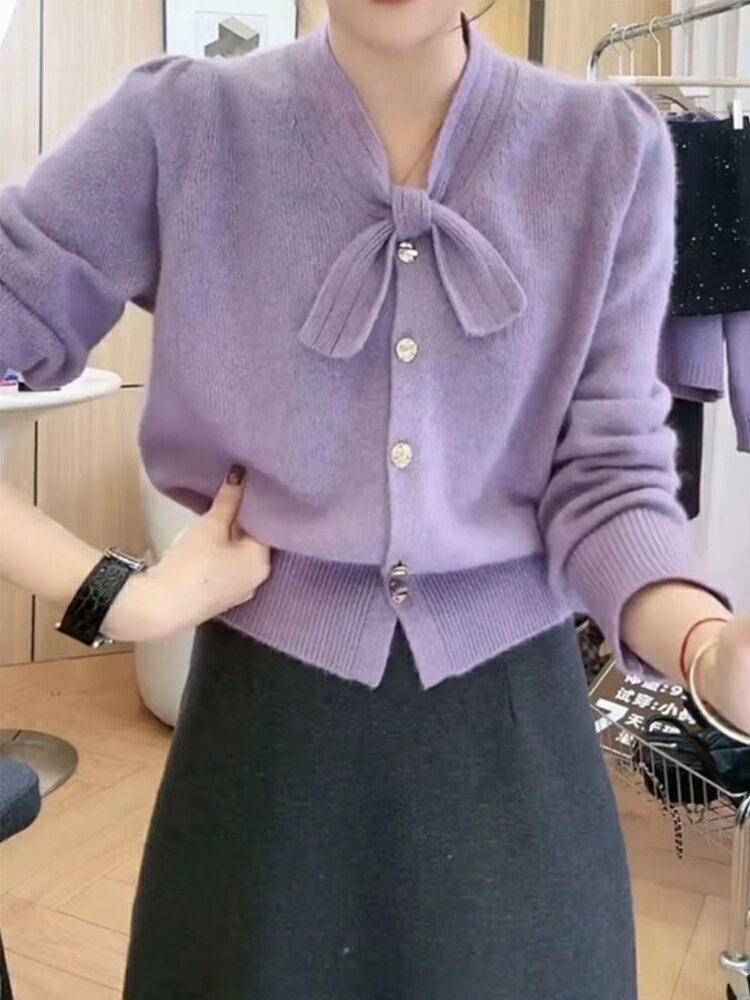 Vapetix Free Size-Free Size Women's Spring and Autumn 2025 New Lazy Style Grey Bow Knit Cardigan Short-sleeved Atmospheric Top – Bild 8