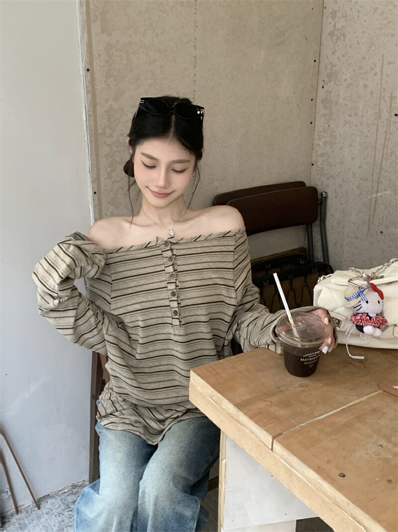 Vapetix S-XL Authentic tie-up striped off-shoulder long sleeve slimming loose-fitting T-shirt with a stylish one – Bild 8