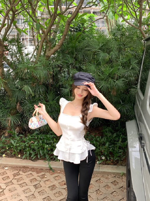 Vapetix S-L  Real shot ~ small flared sleeve tie-waist ruffled shirt top + high-waisted slimming hip-enhancing y – Bild 8