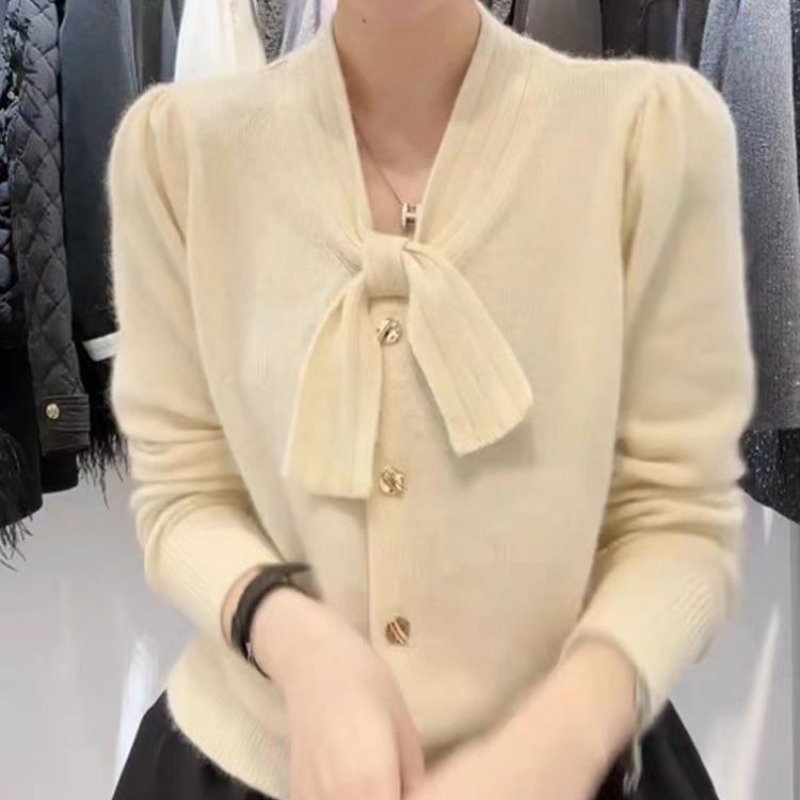 Vapetix Free Size-Free Size Women's Spring and Autumn 2025 New Lazy Style Grey Bow Knit Cardigan Short-sleeved Atmospheric Top – Bild 9