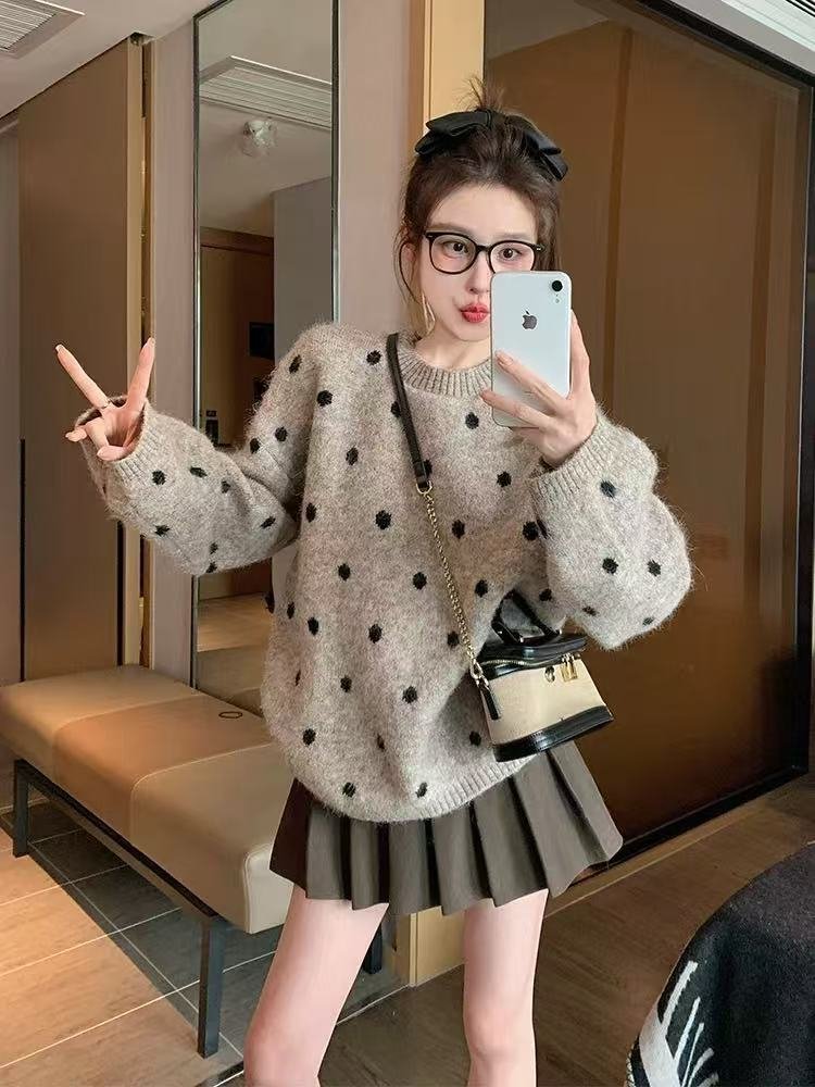 Vapetix Free Size-Free Size Khaki Polka Dot Hooded Sweatshirt for Women 2025 New Autumn/Winter Thick Loose Casual Slouchy Crew – Bild 8