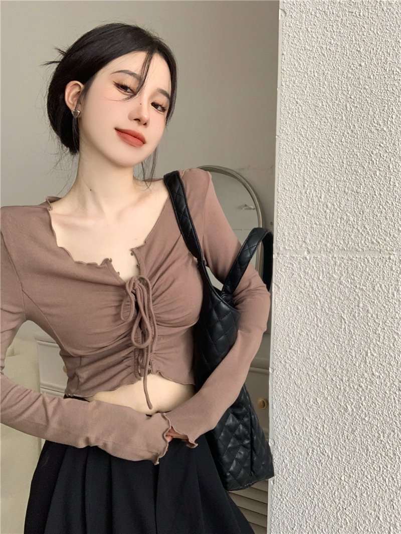 Vapetix One size fits all-One size fits all Actual shot ~ Irregular T-shirt for women, V-neck slim fit, autumn short, tight-fitting drawstring – Bild 8