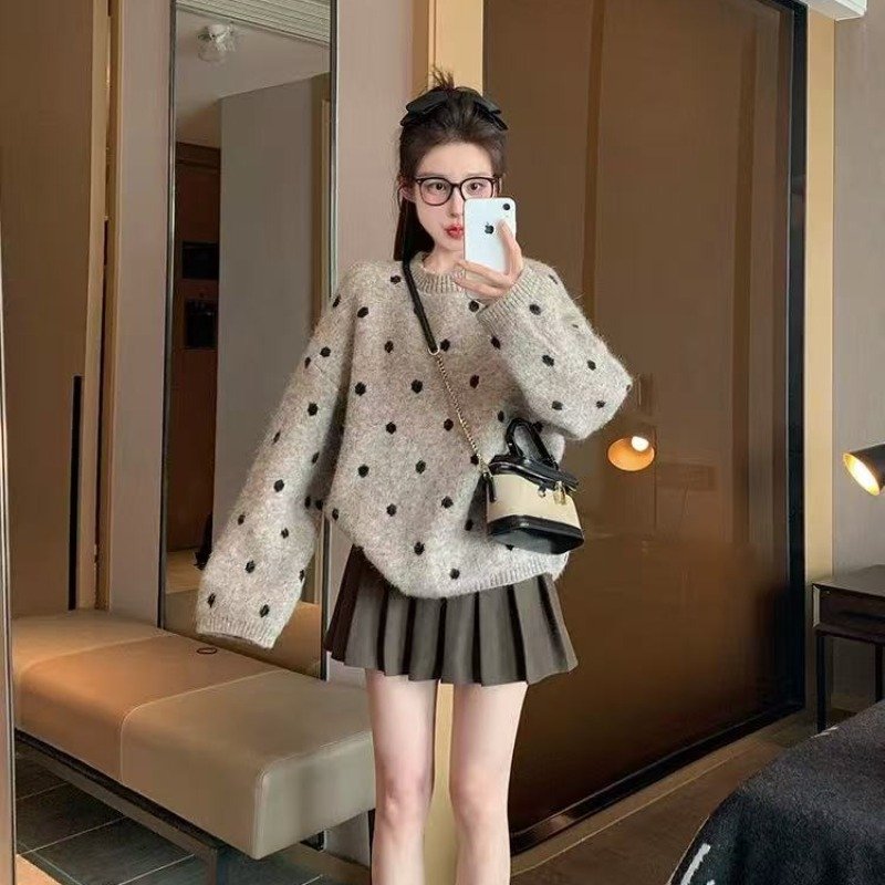 Vapetix Free Size-Free Size Khaki Polka Dot Hooded Sweatshirt for Women 2025 New Autumn/Winter Thick Loose Casual Slouchy Crew – Bild 9