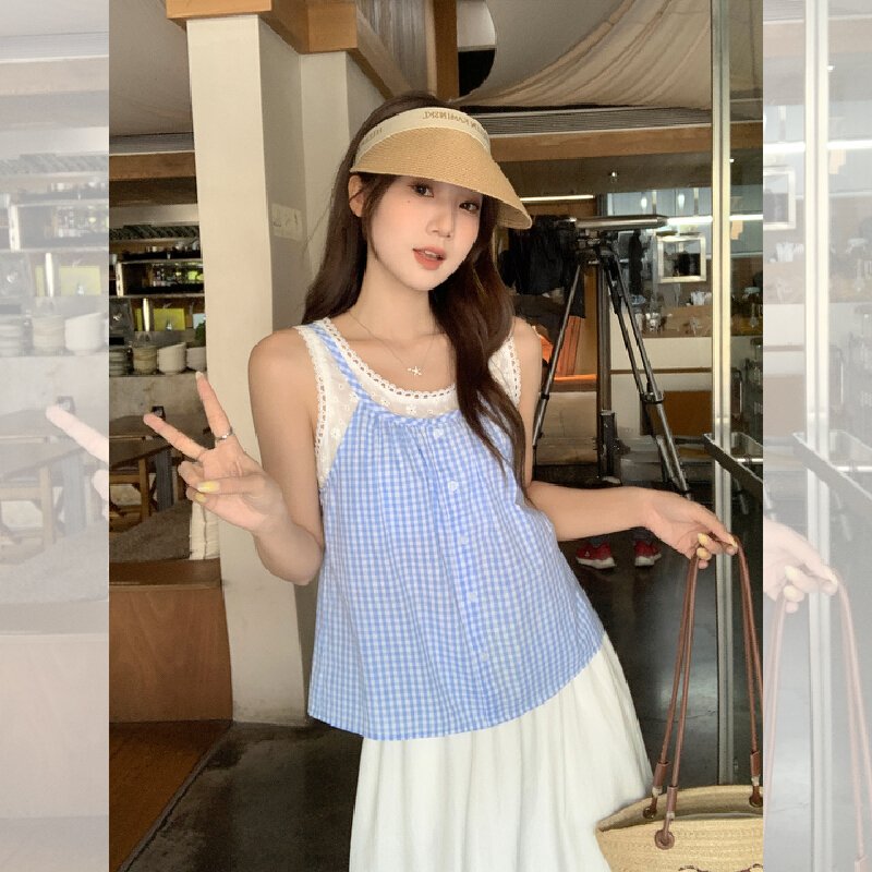 Vapetix S-L Actual shot 2025 seaside outfit blue checkered tank top women's summer two-piece sleeveless outerwe - 图片 8