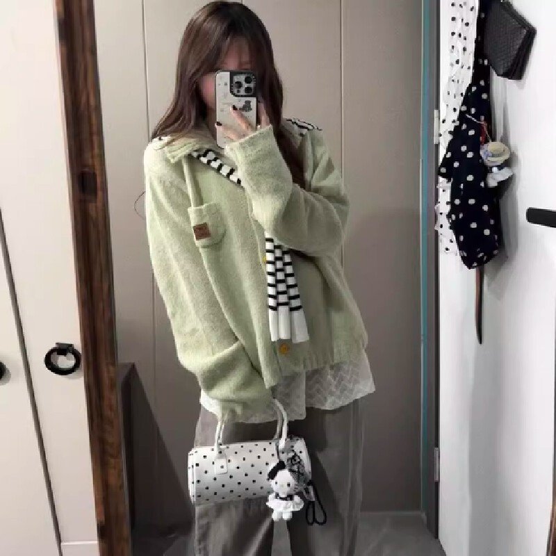 Vapetix Free Size-Free Size Korean-style early autumn atmosphere wear green lapel button knitted cardigan women's loose outerwe – Bild 8