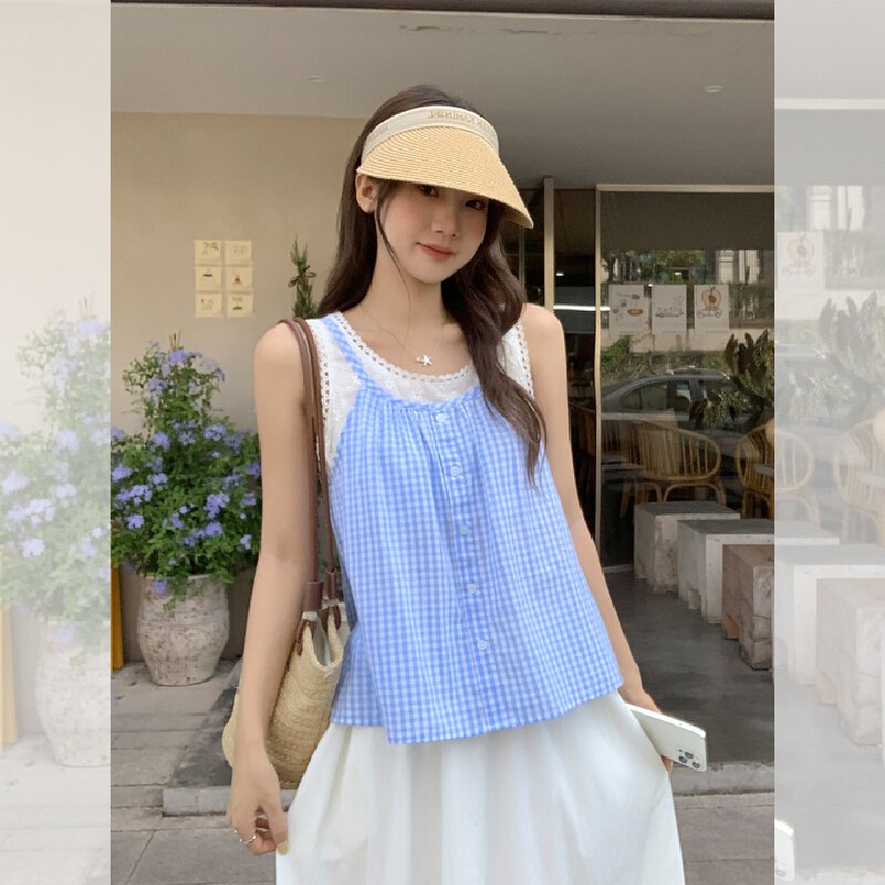 Vapetix S-L Actual shot 2025 seaside outfit blue checkered tank top women's summer two-piece sleeveless outerwe - 图片 9