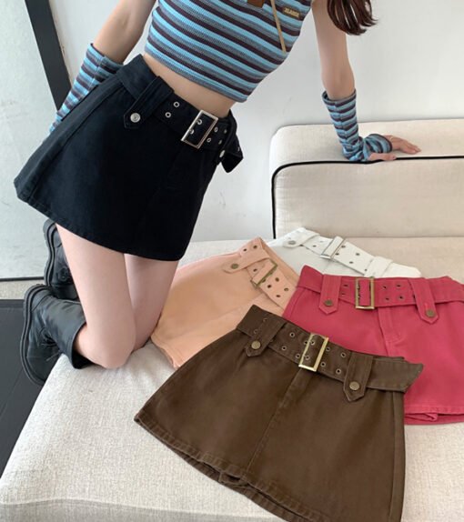 Vapetix S-XL  Real shot of hot girl American denim skirt female design slimming belt A-line anti-exposure shorts – Bild 6