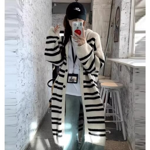 Vapetix Free Size-Free Size  Korean-style striped medium-length cardigan outerwear for women, autumn and winter casual style, un – Bild 9