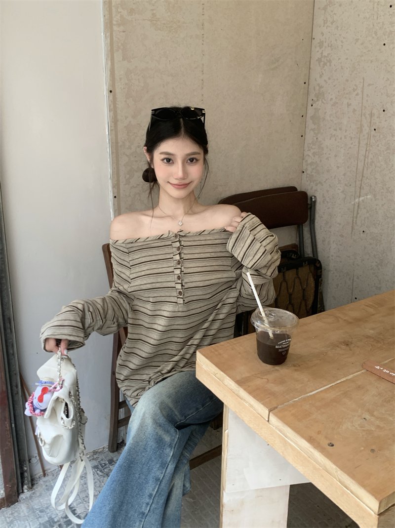 Vapetix S-XL Authentic tie-up striped off-shoulder long sleeve slimming loose-fitting T-shirt with a stylish one – Bild 9