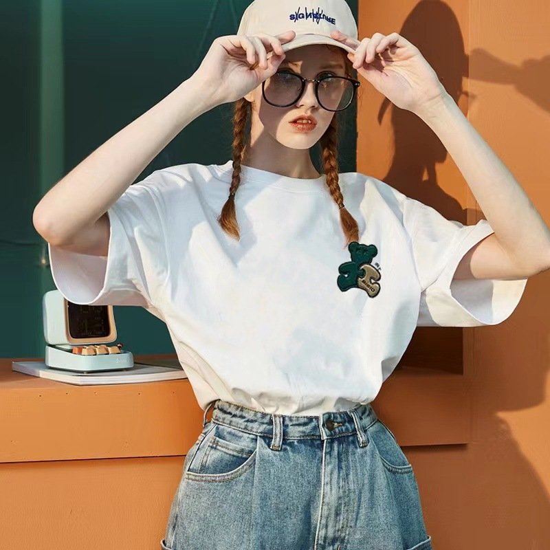 Vapetix M-XXXL Cotton Summer Women's Short Sleeve T-Shirt 2024 New Korean Style Loose Round Neck Basic Top Foreign – Bild 9