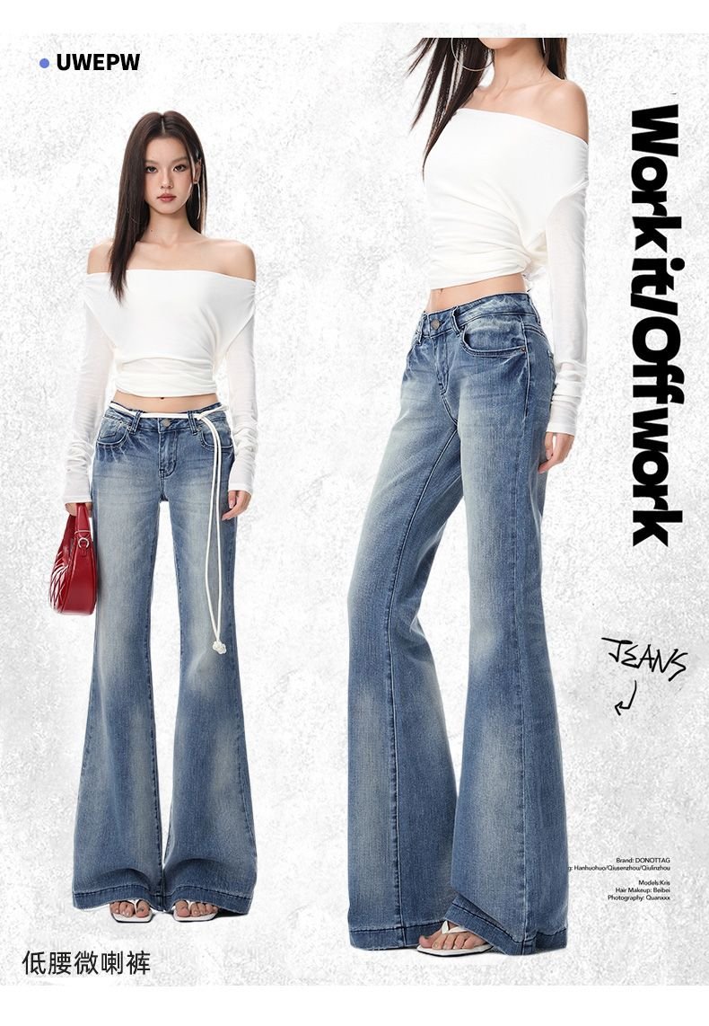 Vapetix XS-XL Washable Blue Low-Waist Flared Women's Jeans 2025 Autumn New Style American Non-Stick Slimming Deni
