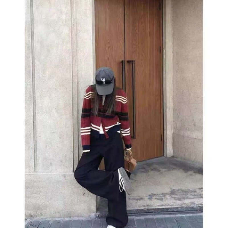 Vapetix Free Size-Free Size Retro Striped Knit Cardigan 2025 Color-blocked Spring New Korean Style Sweatshirt Casual and Good-l