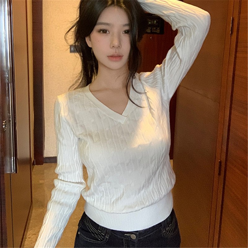 Vapetix Free Size-Free Size Simple Grey Cropped V-Neck Cable-Knit Sweater for Women – 2025 Autumn Pullover Base Layer with Long